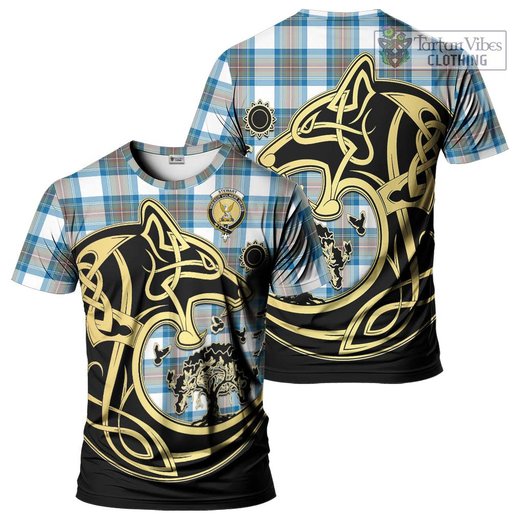 Stewart Muted Blue Tartan T-Shirt with Family Crest Celtic Wolf Style Kid's Shirt - Tartan Vibes Clothing