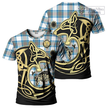 Stewart Muted Blue Tartan T-Shirt with Family Crest Celtic Wolf Style