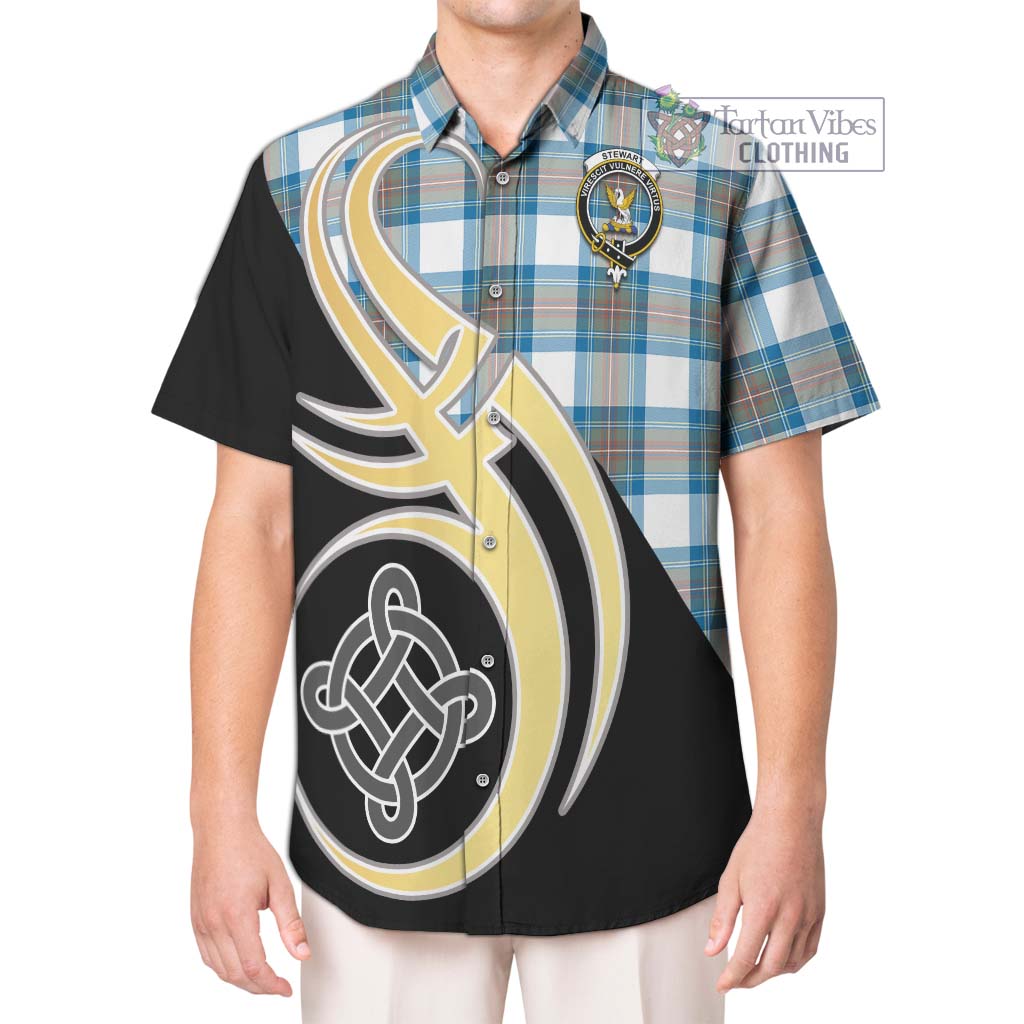 Stewart Muted Blue Tartan Short Sleeve Button Shirt with Family Crest and Celtic Symbol Style Kid - Tartan Vibes Clothing