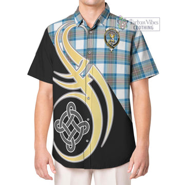 Stewart Muted Blue Tartan Short Sleeve Button Shirt with Family Crest and Celtic Symbol Style