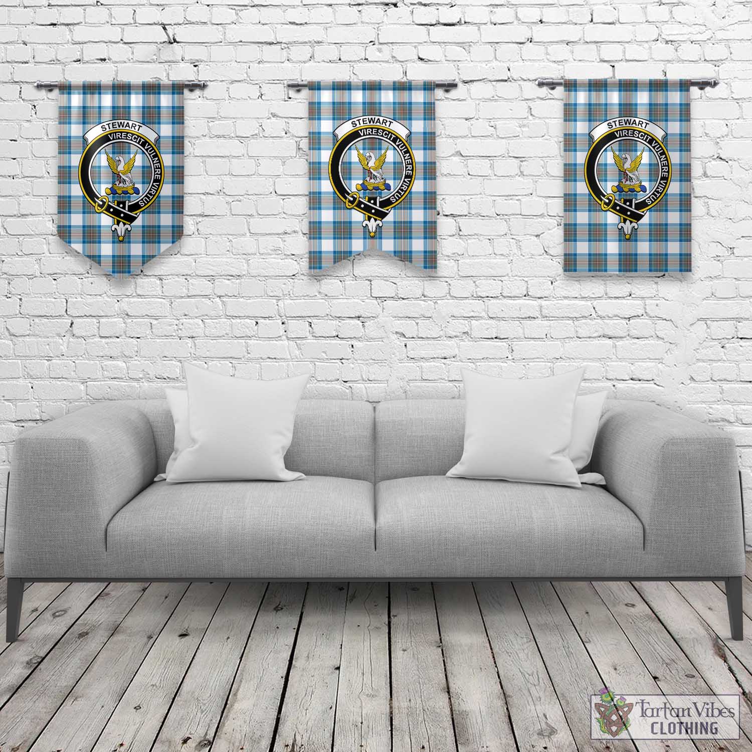 Tartan Vibes Clothing Stewart Muted Blue Tartan Gonfalon, Tartan Banner with Family Crest