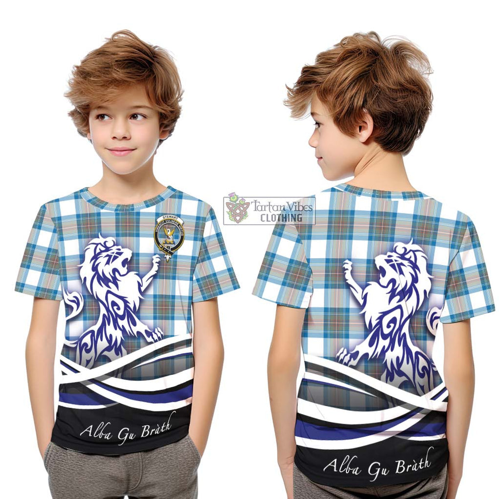 Stewart Muted Blue Tartan Kid T-Shirt with Alba Gu Brath Regal Lion Emblem Youth XL Size14 - Tartanvibesclothing Shop