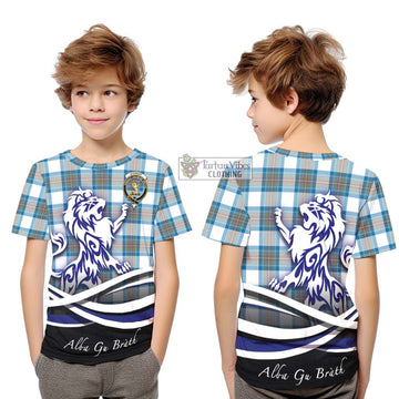 Stewart Muted Blue Tartan Kid T-Shirt with Alba Gu Brath Regal Lion Emblem