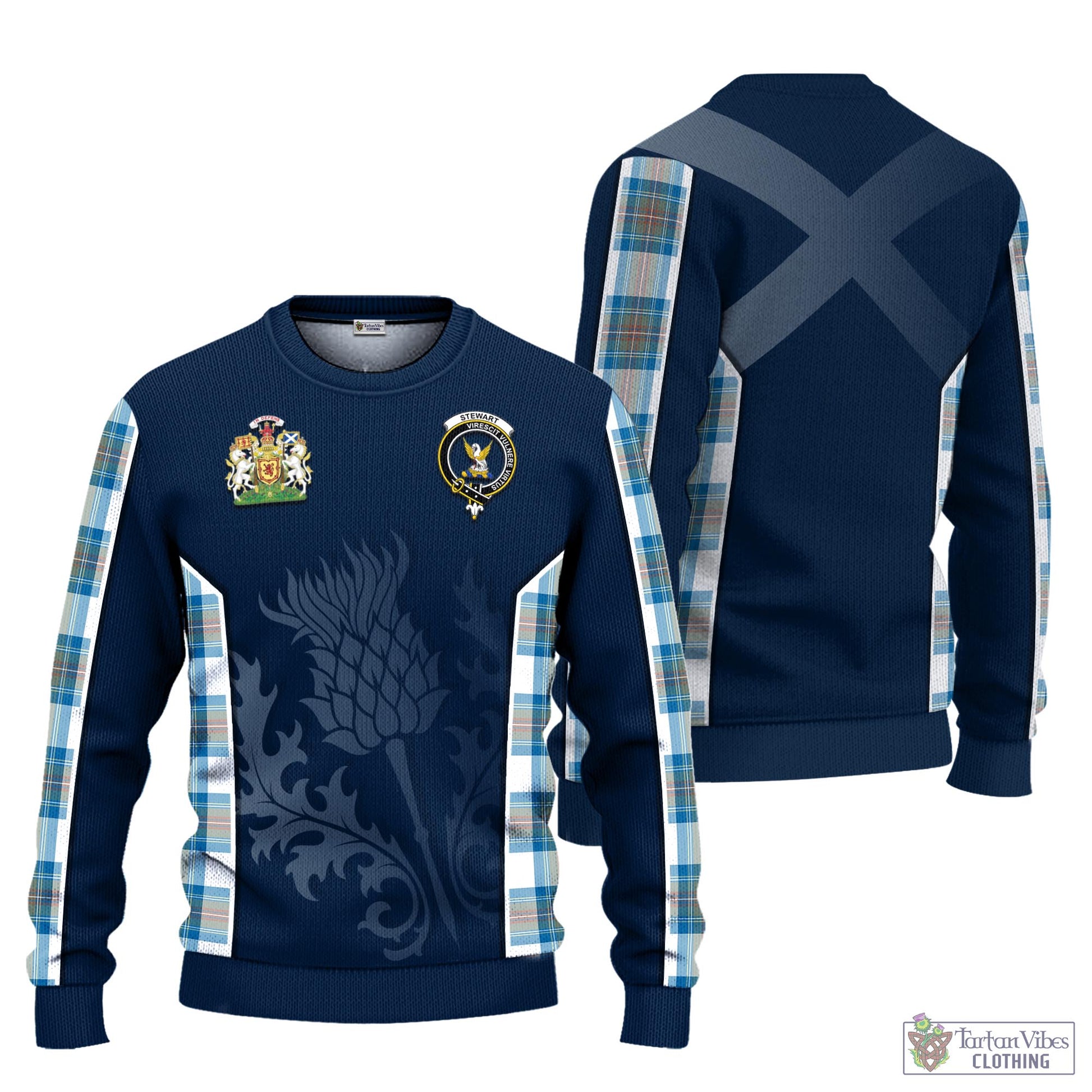 Tartan Vibes Clothing Stewart Muted Blue Tartan Knitted Sweatshirt with Family Crest and Scottish Thistle Vibes Sport Style