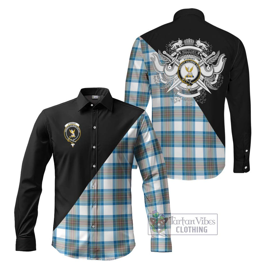 Stewart Muted Blue Tartan Long Sleeve Button Shirt with Family Crest and Military Logo Style Men's Shirt S - Tartanvibesclothing Shop