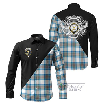 Stewart Muted Blue Tartan Long Sleeve Button Shirt with Family Crest and Military Logo Style