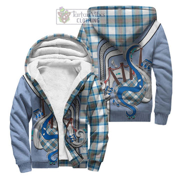 Stewart Muted Blue Tartan Sherpa Hoodie with Epic Bagpipe Style