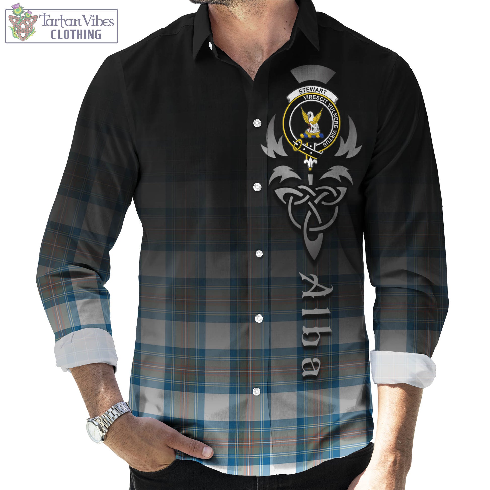 Tartan Vibes Clothing Stewart Muted Blue Tartan Long Sleeve Button Up Featuring Alba Gu Brath Family Crest Celtic Inspired