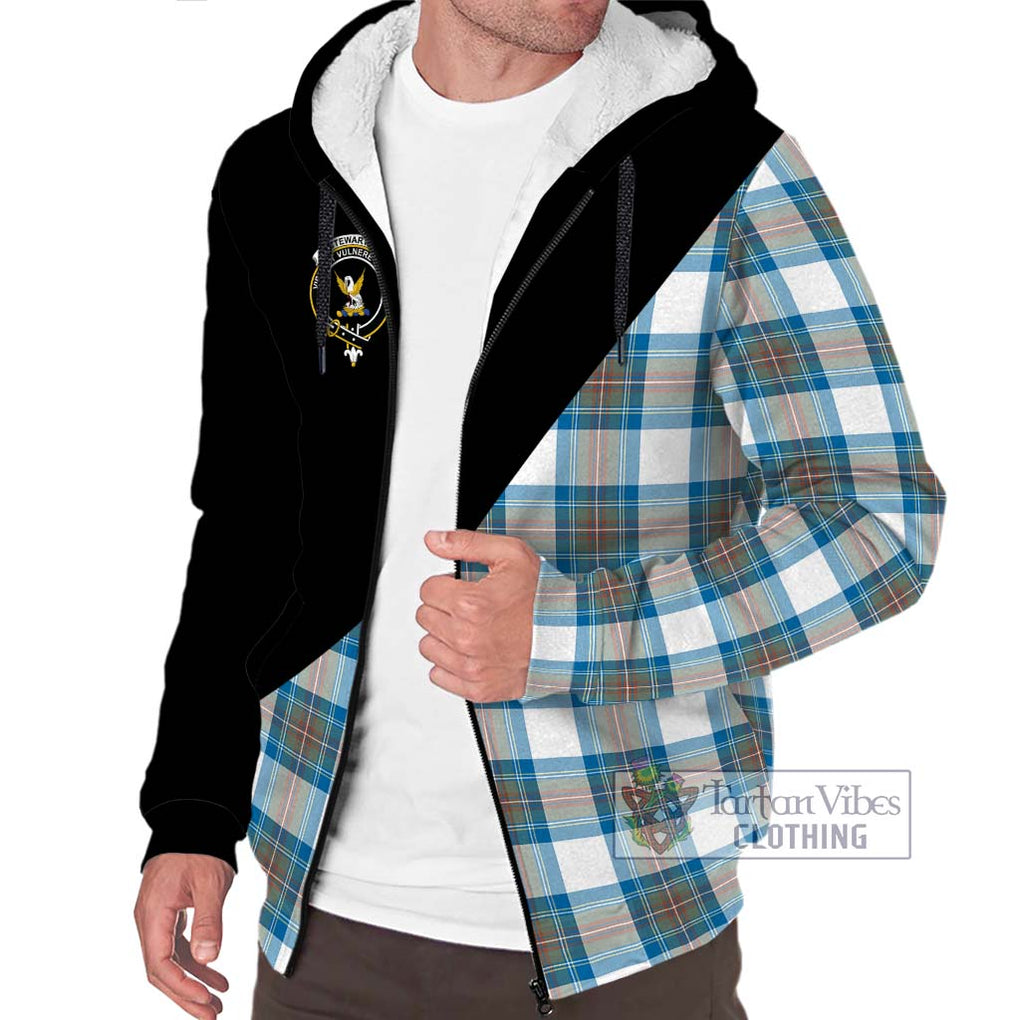 Stewart Muted Blue Tartan Sherpa Hoodie with Family Crest and Military Logo Style Unisex S - Tartanvibesclothing Shop