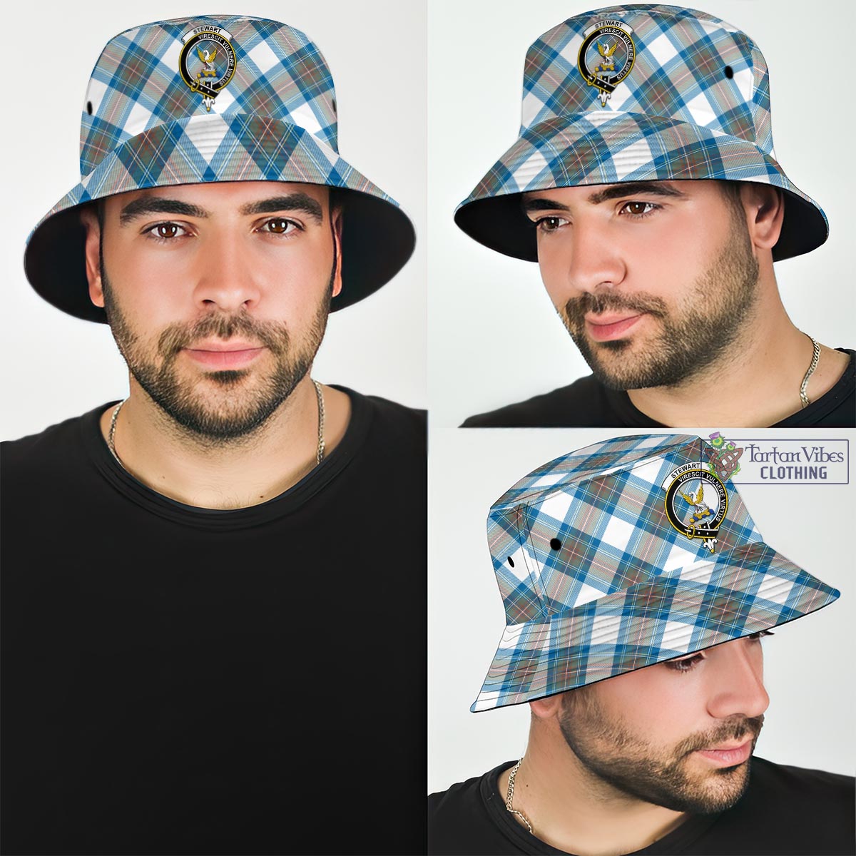 Tartan Vibes Clothing Stewart Muted Blue Tartan Bucket Hat with Family Crest