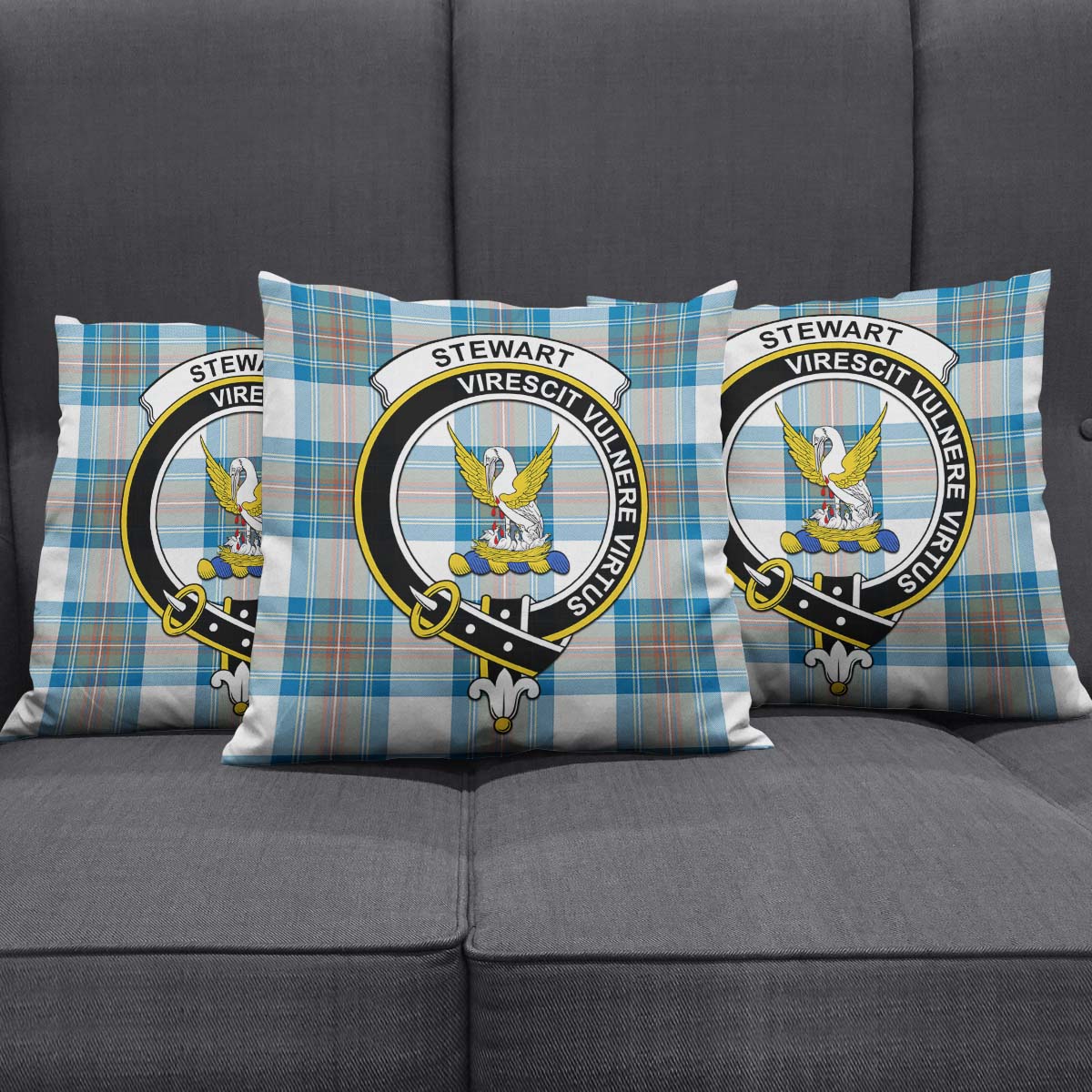 Stewart Muted Blue Tartan Pillow Cover with Family Crest Square Pillow Cover - Tartanvibesclothing