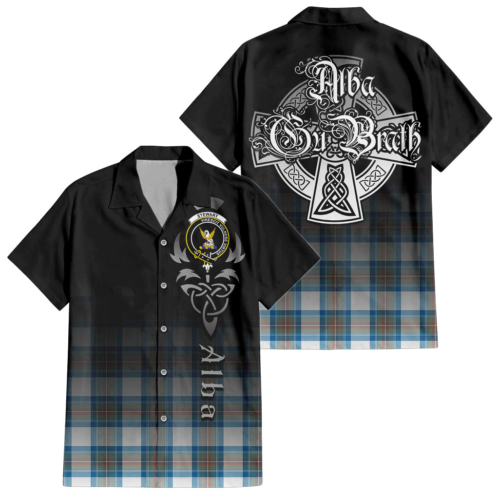 Tartan Vibes Clothing Stewart Muted Blue Tartan Short Sleeve Button Up Featuring Alba Gu Brath Family Crest Celtic Inspired