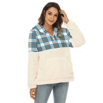 Stewart Muted Blue Tartan Women's Borg Fleece Hoodie With Half Zip with Family Crest