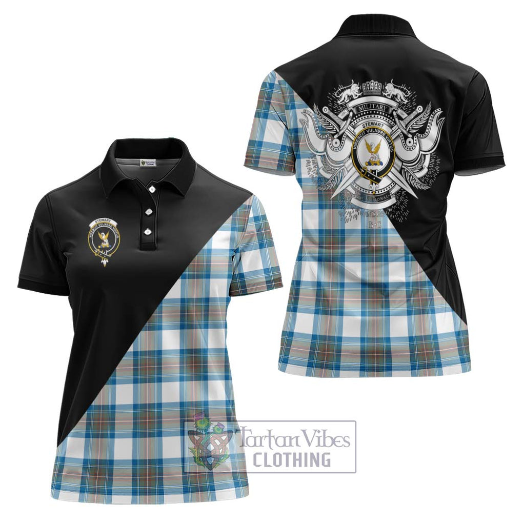 Stewart Muted Blue Tartan Women's Polo Shirt with Family Crest and Military Logo Style Women - Tartanvibesclothing Shop