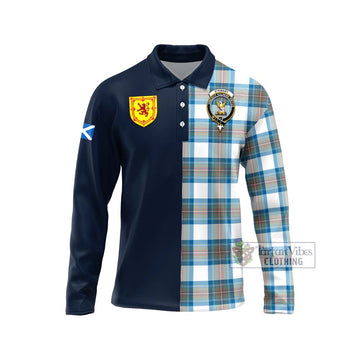 Stewart Muted Blue Tartan Long Sleeve Polo Shirt Alba with Scottish Lion Royal Arm Half Style