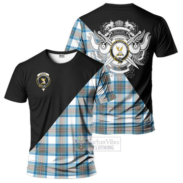 Stewart Muted Blue Tartan T-Shirt with Family Crest and Military Logo Style