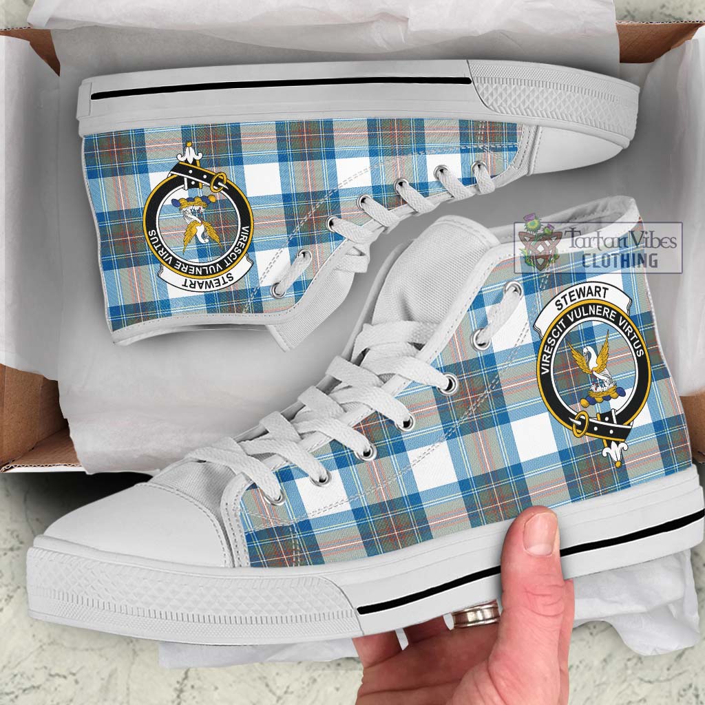 Tartan Vibes Clothing Stewart Muted Blue Tartan High Top Shoes with Family Crest