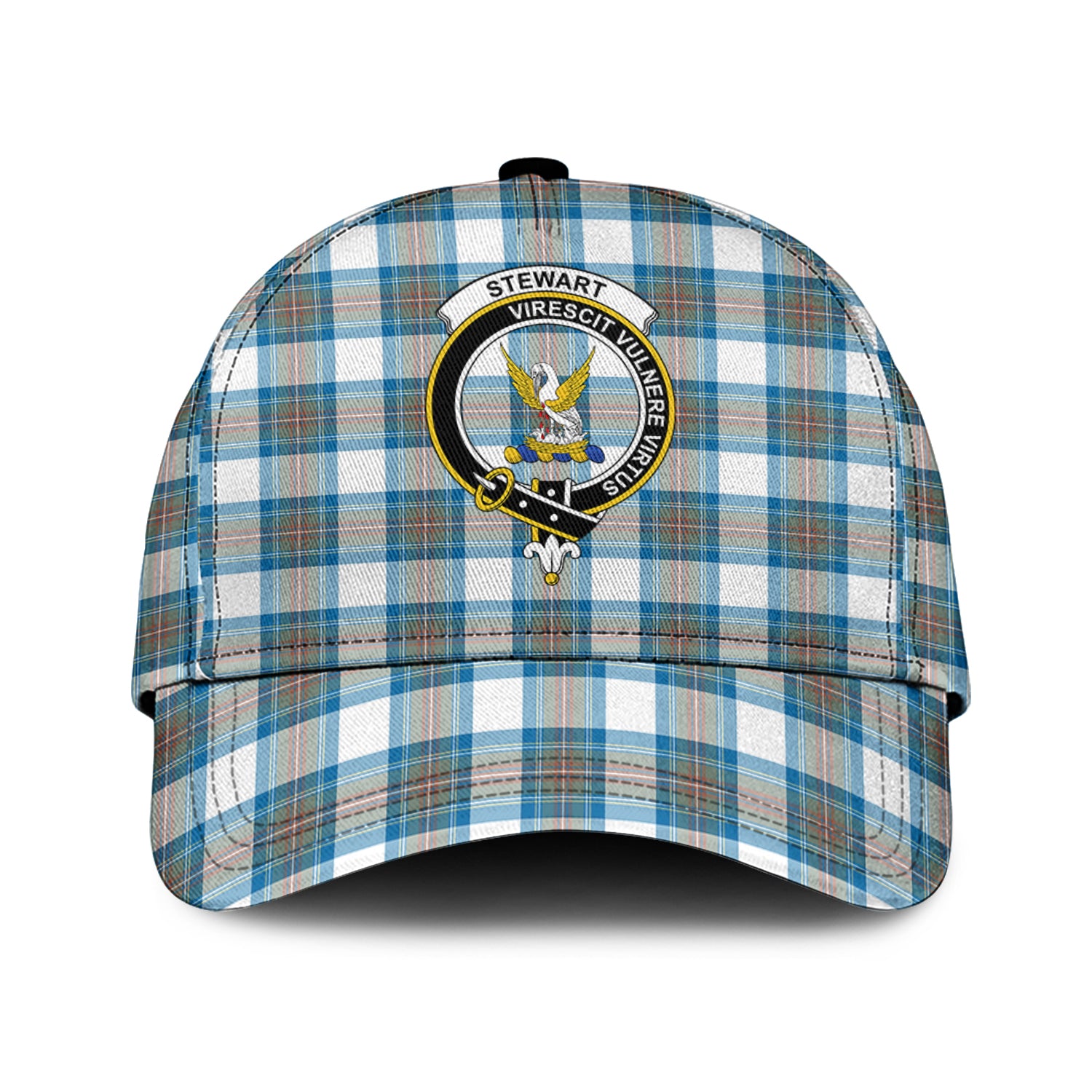 Stewart Muted Blue Tartan Classic Cap with Family Crest Classic Cap Universal Fit - Tartan Vibes Clothing