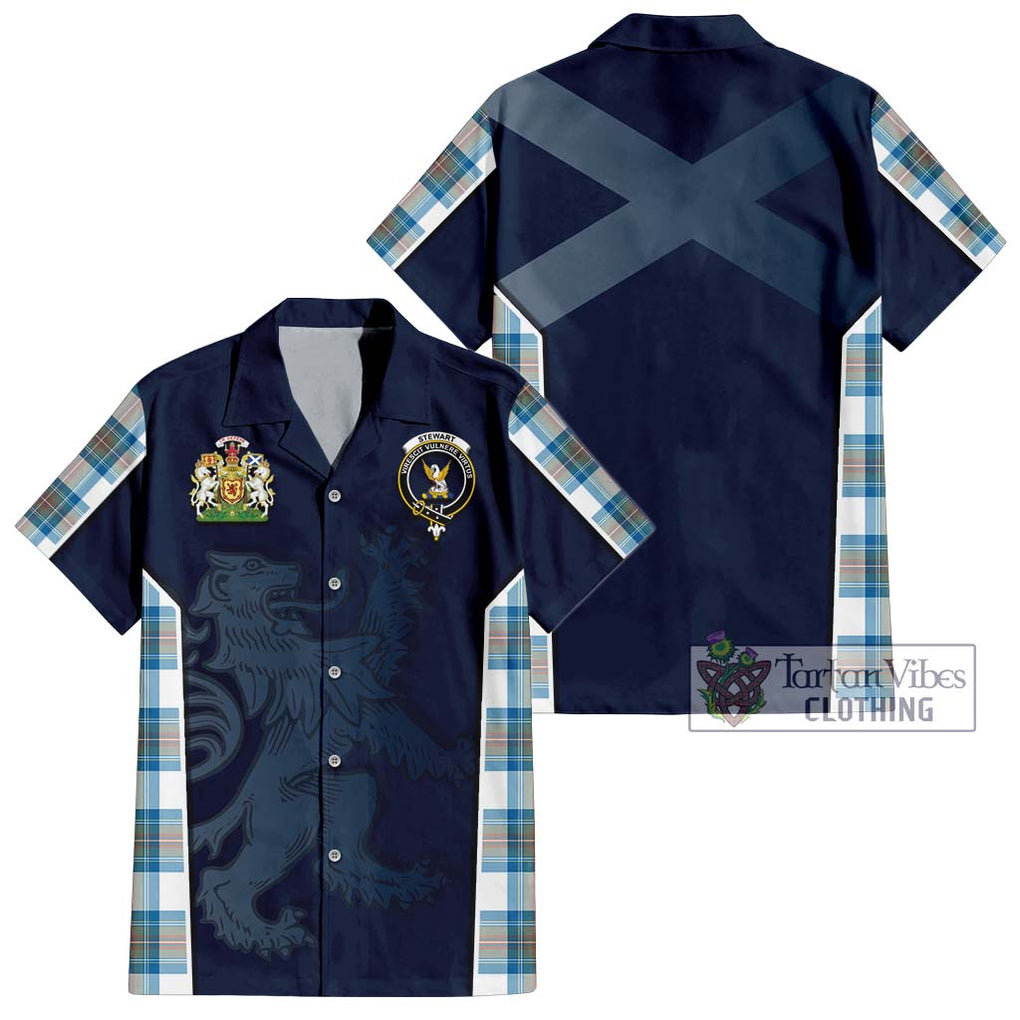 Stewart Muted Blue Tartan Short Sleeve Button Shirt with Family Crest and Lion Rampant Vibes Sport Style Kid - Tartan Vibes Clothing