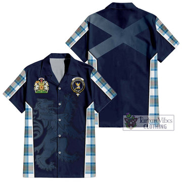 Stewart Muted Blue Tartan Short Sleeve Button Shirt with Family Crest and Lion Rampant Vibes Sport Style