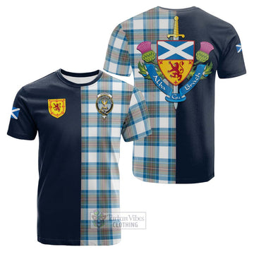 Stewart Muted Blue Tartan Cotton T-shirt Alba with Scottish Lion Royal Arm Half Style