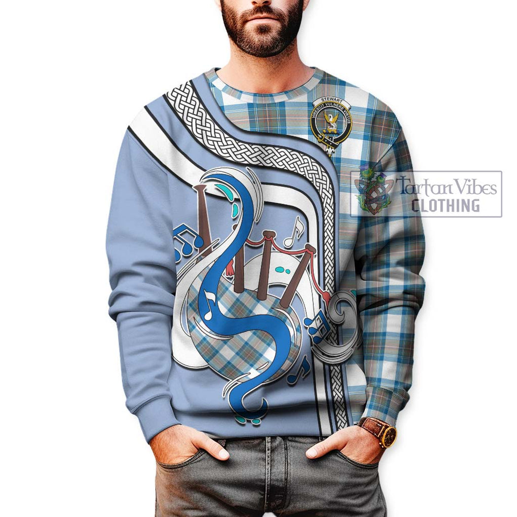 Tartan Vibes Clothing Stewart Muted Blue Tartan Sweatshirt with Epic Bagpipe Style