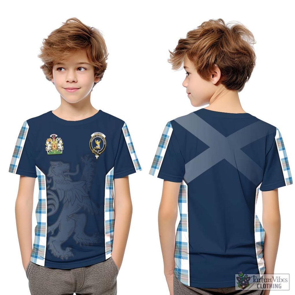 Stewart Muted Blue Tartan Kid T-Shirt with Family Crest and Lion Rampant Vibes Sport Style Youth XL Size14 - Tartan Vibes Clothing