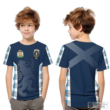 Stewart Muted Blue Tartan Kid T-Shirt with Family Crest and Lion Rampant Vibes Sport Style