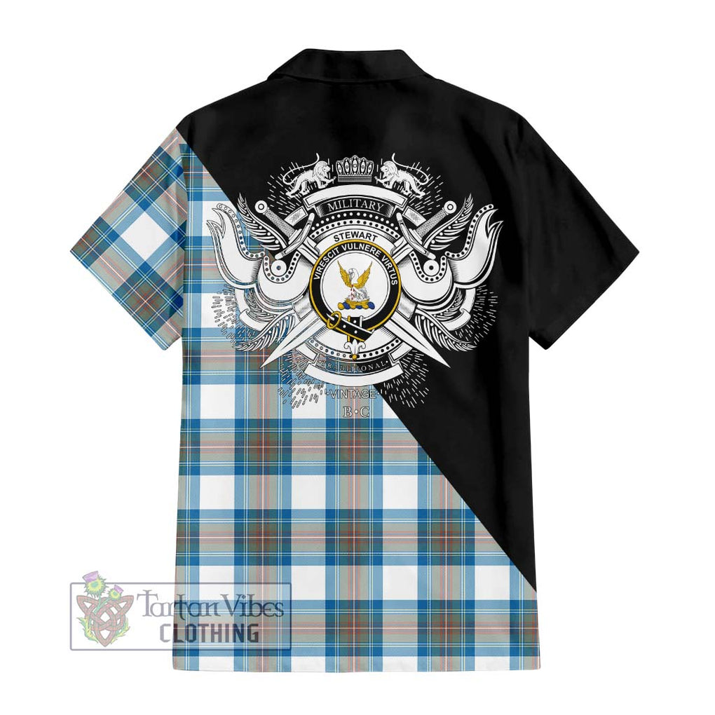 Stewart Muted Blue Tartan Short Sleeve Button Shirt with Family Crest and Military Logo Style - Tartanvibesclothing Shop