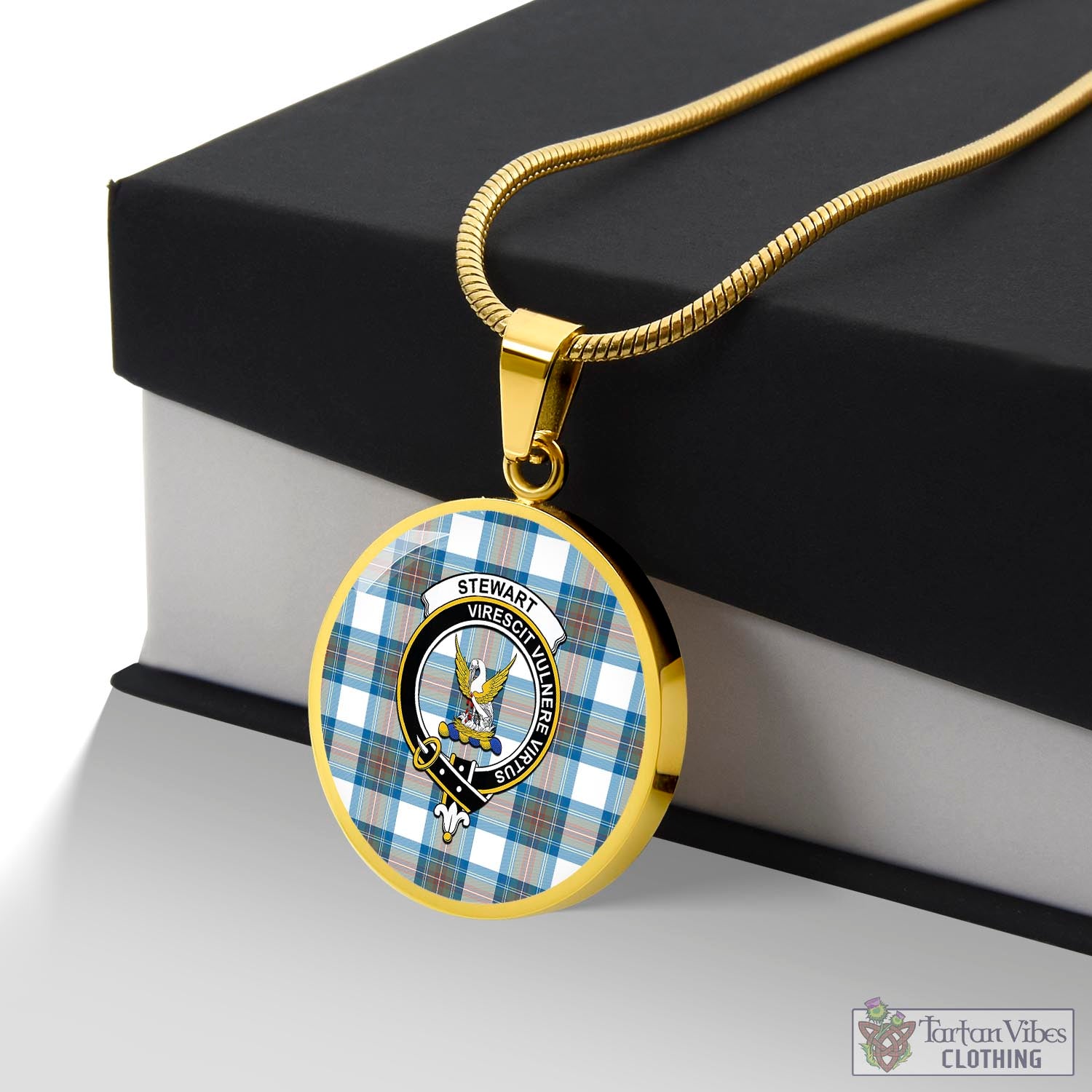 Tartan Vibes Clothing Stewart Muted Blue Tartan Circle Necklace with Family Crest