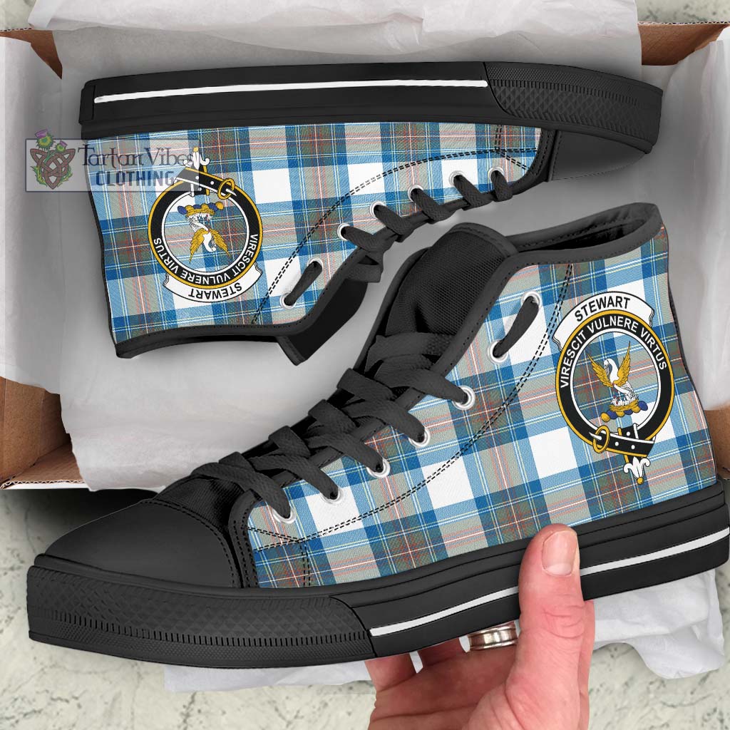 Tartan Vibes Clothing Stewart Muted Blue Tartan High Top Shoes with Family Crest