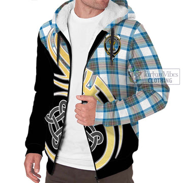 Stewart Muted Blue Tartan Sherpa Hoodie with Family Crest and Celtic Symbol Style