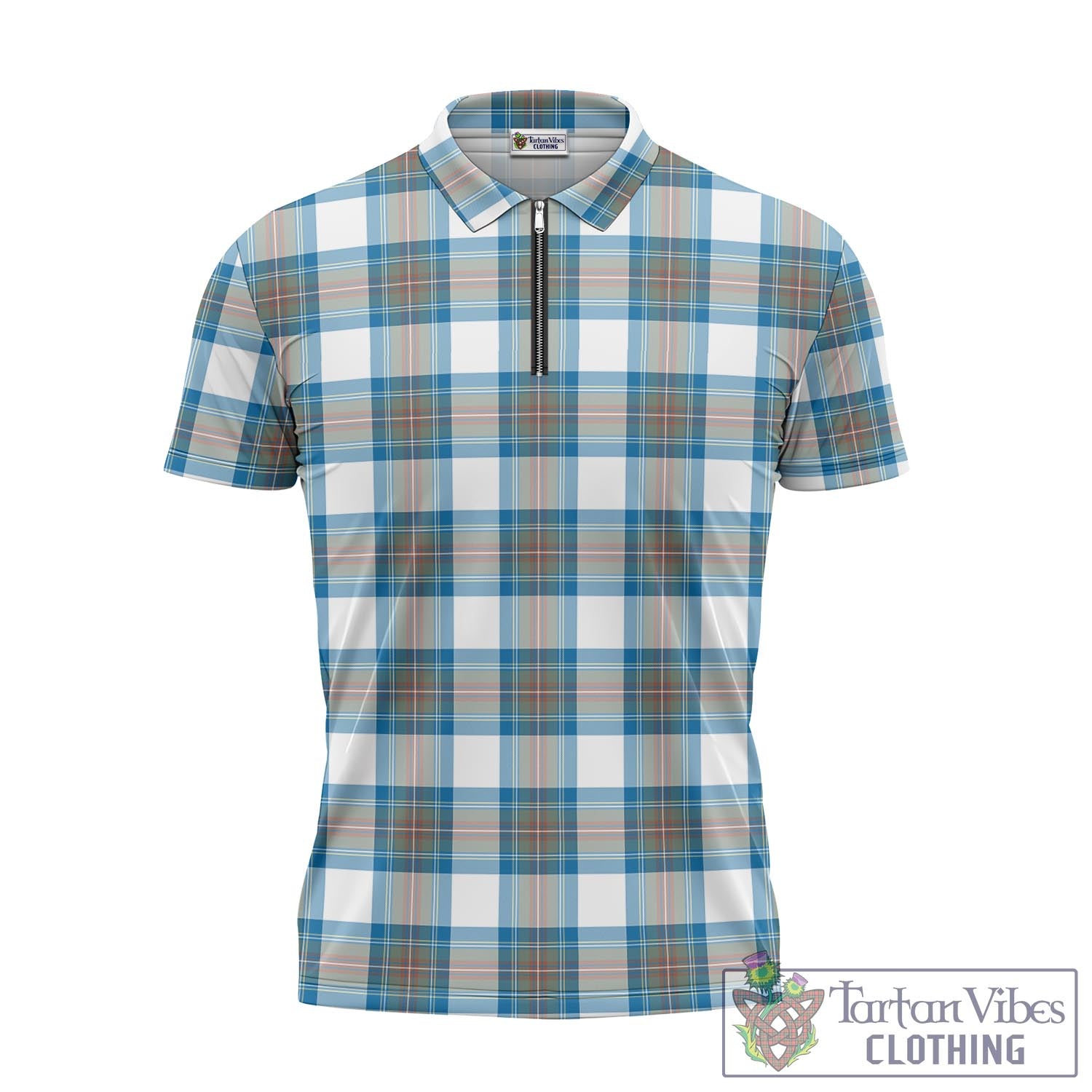 Tartan Vibes Clothing Stewart Muted Blue Tartan Zipper Polo Shirt