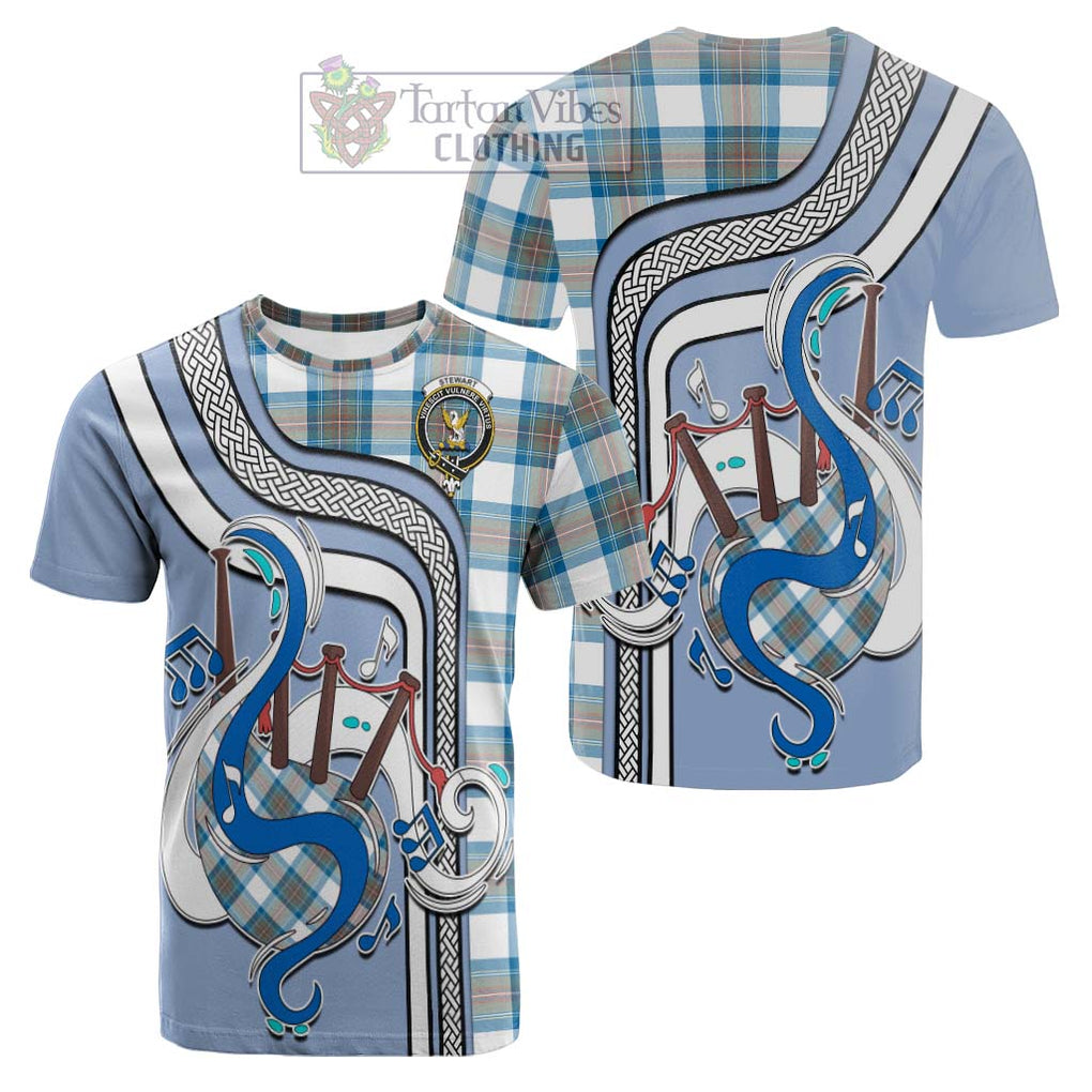 Tartan Vibes Clothing Stewart Muted Blue Tartan Cotton T-shirt with Epic Bagpipe Style