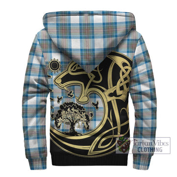 Stewart Muted Blue Tartan Sherpa Hoodie with Family Crest Celtic Wolf Style