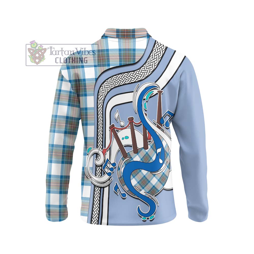 Tartan Vibes Clothing Stewart Muted Blue Tartan Long Sleeve Polo Shirt with Epic Bagpipe Style