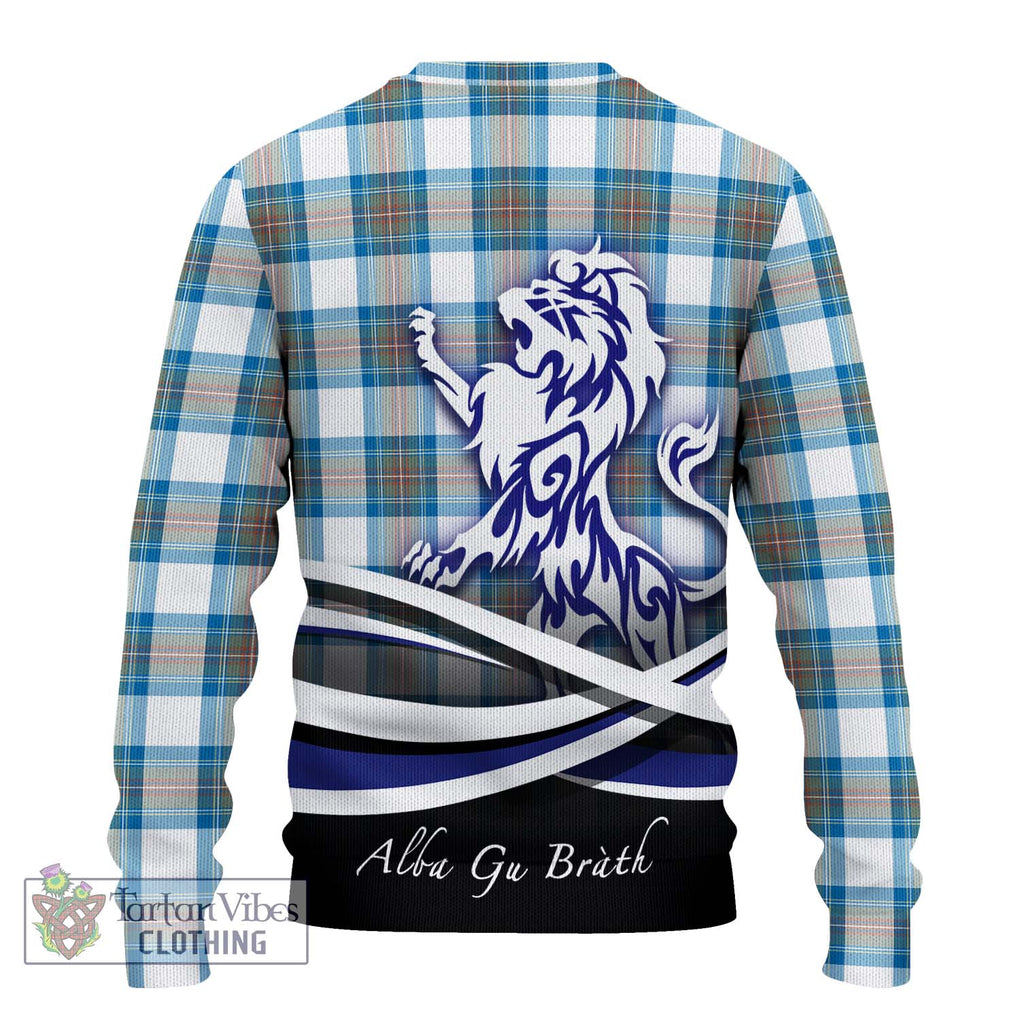 Stewart Muted Blue Tartan Knitted Sweater with Alba Gu Brath Regal Lion Emblem - Tartanvibesclothing Shop