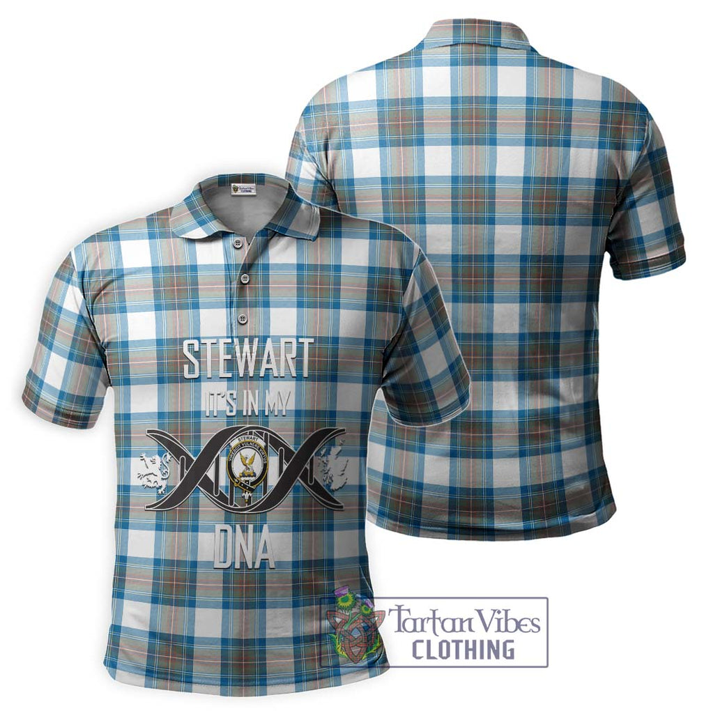 Stewart Muted Blue Tartan Polo Shirt with Family Crest DNA In Me Style - Tartanvibesclothing Shop