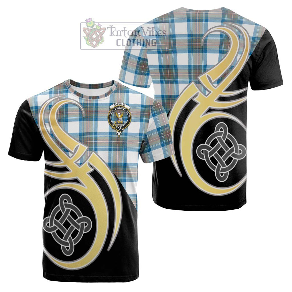 Tartan Vibes Clothing Stewart Muted Blue Tartan Cotton T-shirt with Family Crest and Celtic Symbol Style