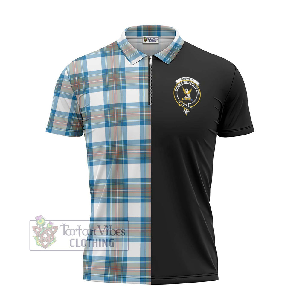 Stewart Muted Blue Tartan Zipper Polo Shirt with Family Crest and Half Of Me Style - Tartanvibesclothing Shop