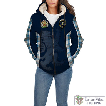 Stewart Muted Blue Tartan Sherpa Hoodie with Family Crest and Lion Rampant Vibes Sport Style