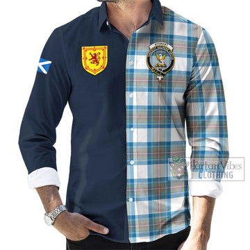 Stewart Muted Blue Tartan Long Sleeve Button Shirt Alba with Scottish Lion Royal Arm Half Style