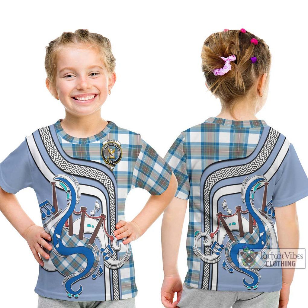 Tartan Vibes Clothing Stewart Muted Blue Tartan Kid T-Shirt with Epic Bagpipe Style