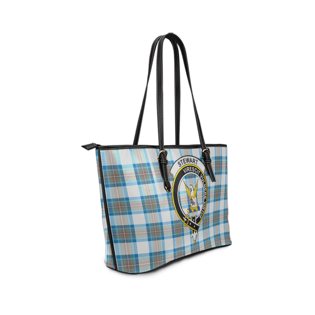 Stewart Muted Blue Tartan Leather Tote Bag with Family Crest - Tartan Vibes Clothing