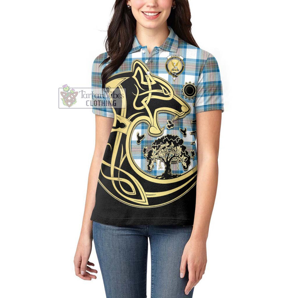 Stewart Muted Blue Tartan Women's Polo Shirt with Family Crest Celtic Wolf Style - Tartanvibesclothing Shop