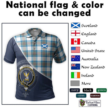 Stewart Muted Blue Tartan Polo Shirt with Personalised National Flag and Family Crest Half Style