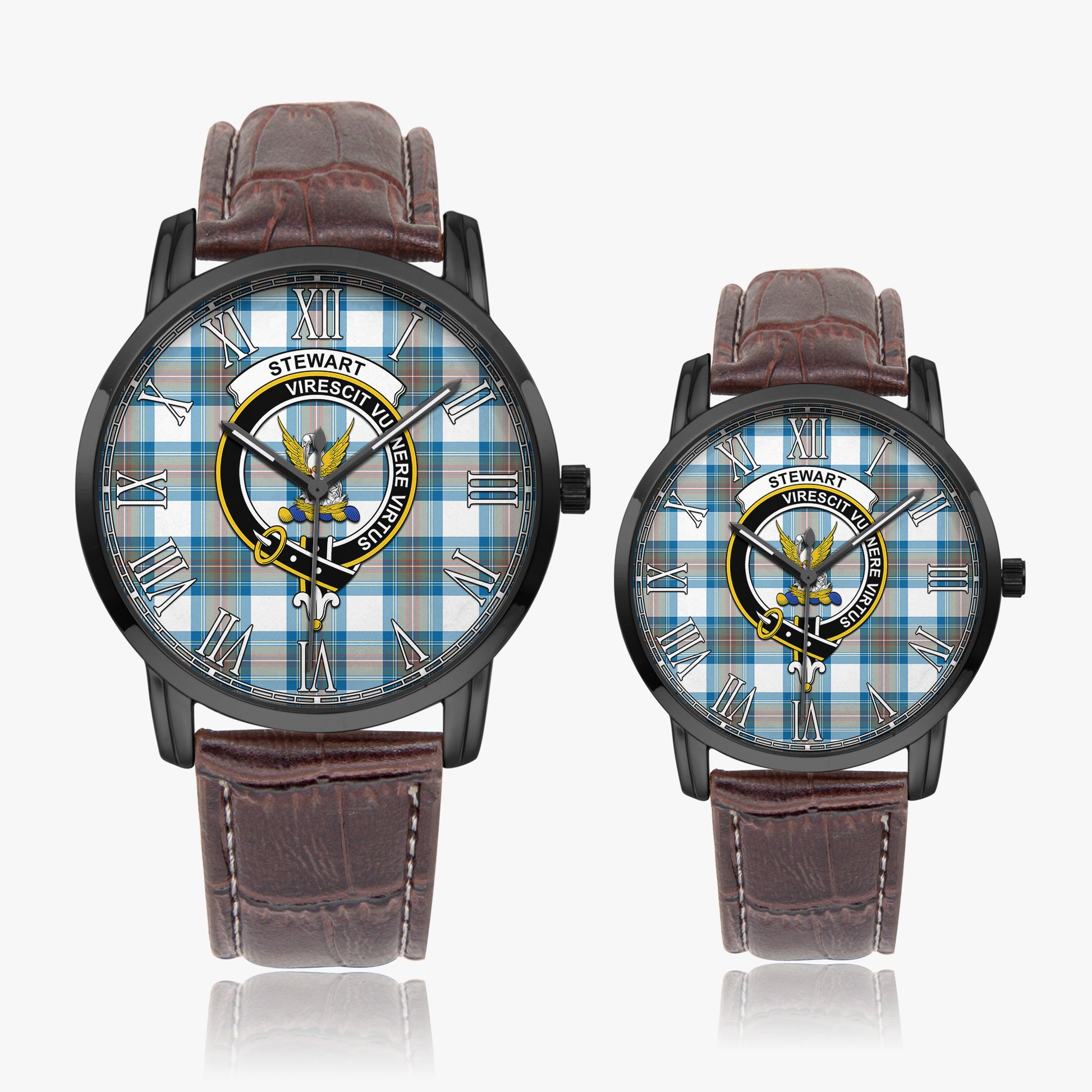 Stewart Muted Blue Tartan Family Crest Leather Strap Quartz Watch - Tartanvibesclothing