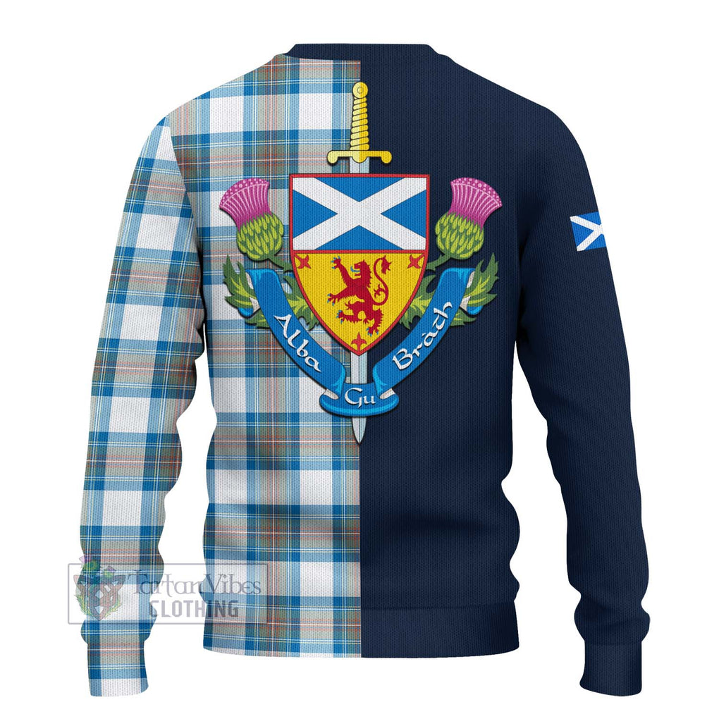 Tartan Vibes Clothing Stewart Muted Blue Tartan Knitted Sweater with Scottish Lion Royal Arm Half Style