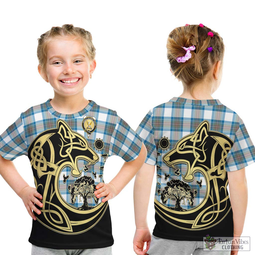 Stewart Muted Blue Tartan Kid T-Shirt with Family Crest Celtic Wolf Style - Tartan Vibes Clothing