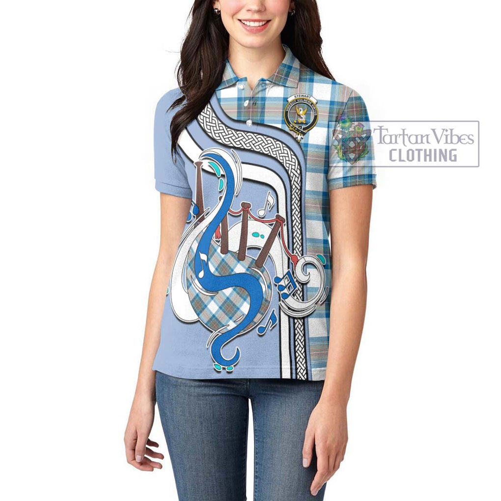 Stewart Muted Blue Tartan Women's Polo Shirt with Epic Bagpipe Style - Tartanvibesclothing Shop